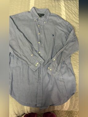 Ralph Lauren Blue and White Gingham Button-Down Dress Shirt - Men's